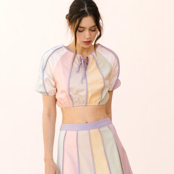 New Storia Linen Crop Top Multicolor Round Neck Pullover Short Sleeve Sz S - Picture 2 of 8